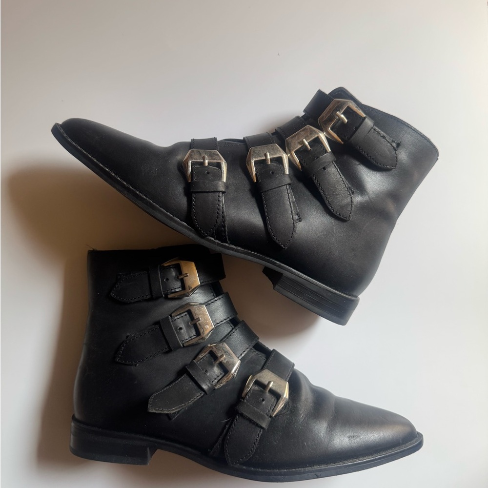 Black Buckle Strap Ankle Biker Women's Boots Size 7